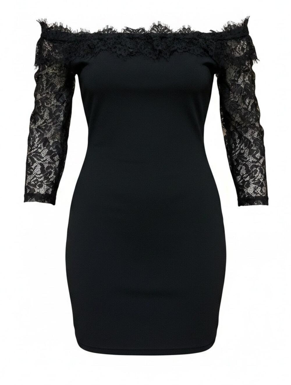 Black Off shoulders Dress Lace Glamour Sexy Large Sheer Back Midi Goth Cocktail